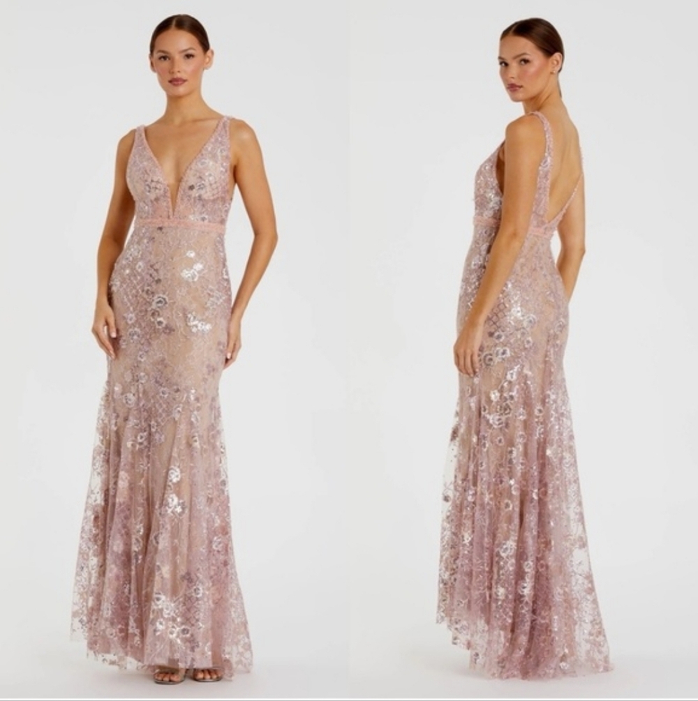 Mac Duggal 67481 Pink Floral Embellished Sleeveless Plunge Neck Gown NWT Size 4 - Picture 1 of 15